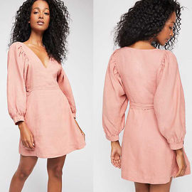 2018 Fall V Neckline With Button Front And Puff Sleeve Mini Women Dress Cheap
