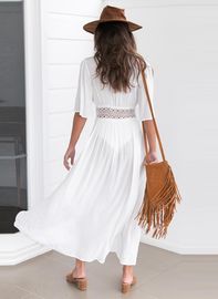 Wholesale Solid Color White Deep V Neck Half Sleeve Beach Cover Up Sexy Maxi Dress Beach Tunic With Slit