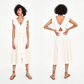 Elegant white linen maxi woman dress with bow