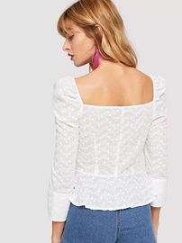 Cotton White Embroidered Button Up Puff Sleeve Women Blouses 2018 New Designs