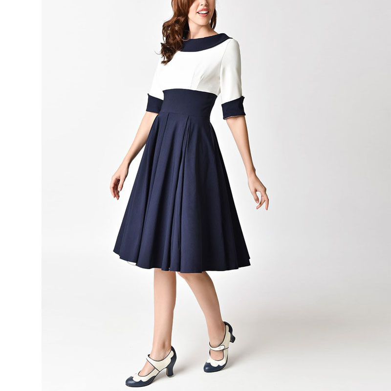 Round neck half sleeve high waist umbrella women dress